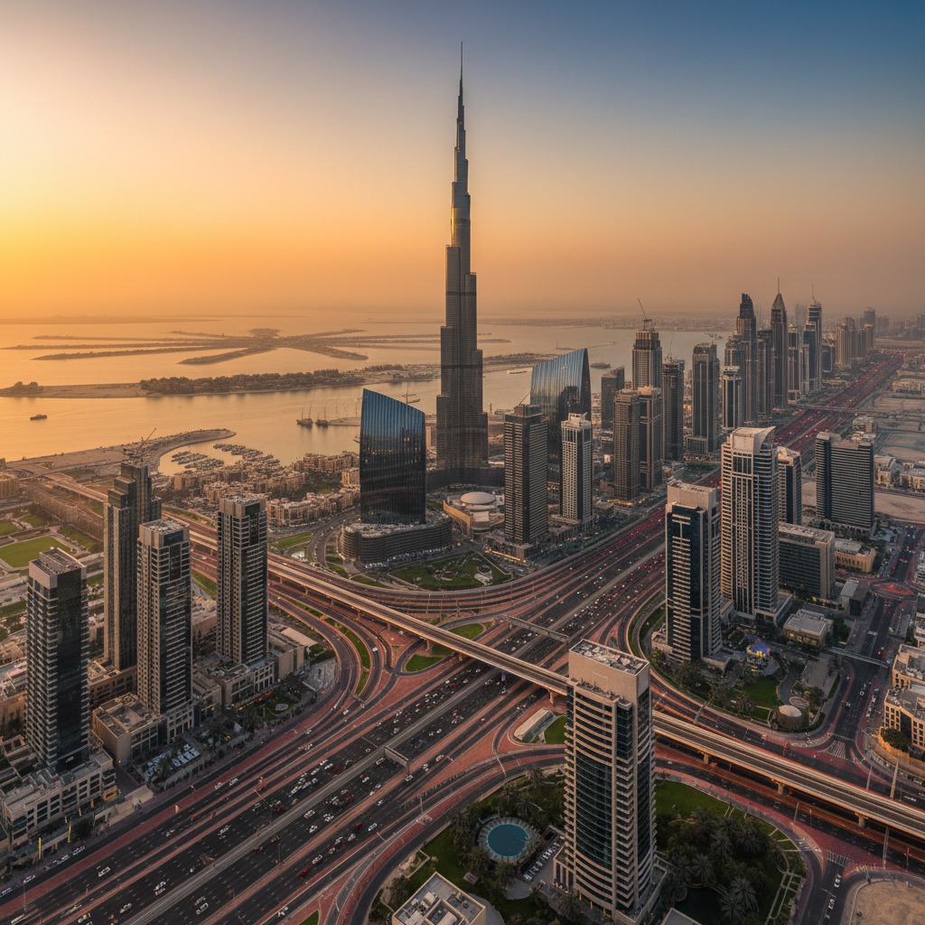 The Burj Khalifa towers over the Dubai skyline and a busy highway interchange during a golden sunset.