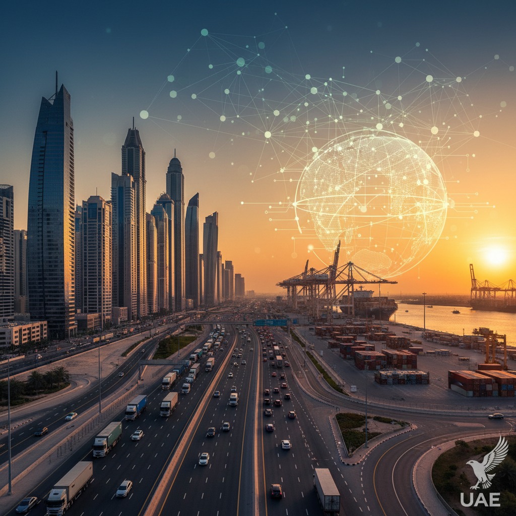 A digital globe and network overlay hover above a busy highway leading to a bustling shipping port and skyscraper skyline at sunset.